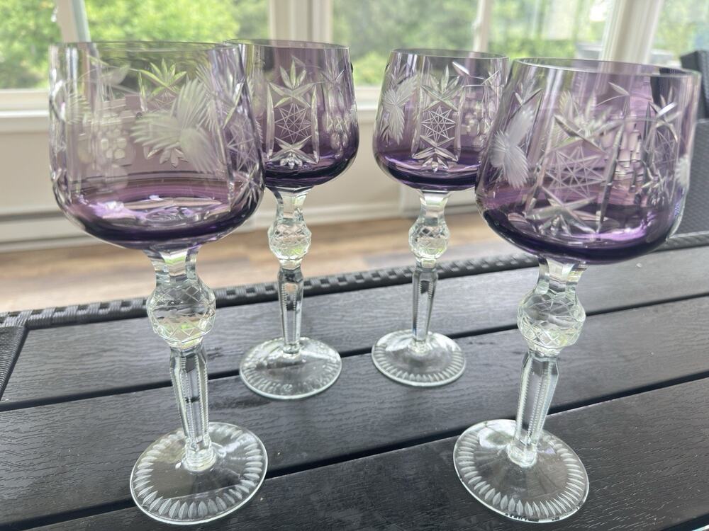 Vintage Bohemian Amethyst Cut to Clear Crystal Wine Glass 8-1/2”~set Of 4